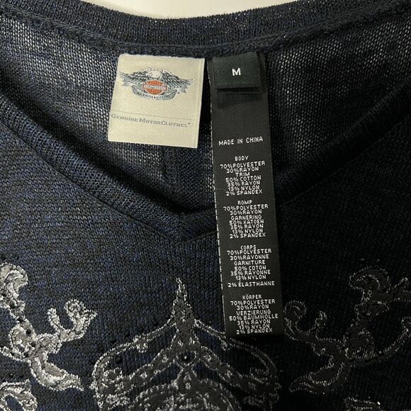 Harley Davidson Long Sleeve Top Lace Flowy Navy Blue Gems Women's M - Picture 9 of 10